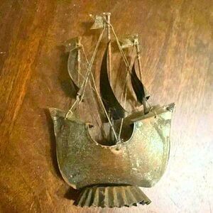 Vintage Tin Metal Art Ship Sailing Boat Sculpture Figure Nautical Decor